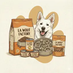 Chien posant avec une gamme de produits alimentation