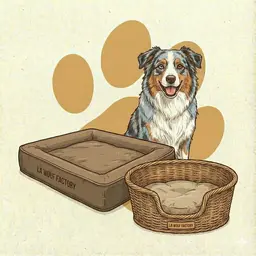 Chien posant avec une gamme de produits couchage