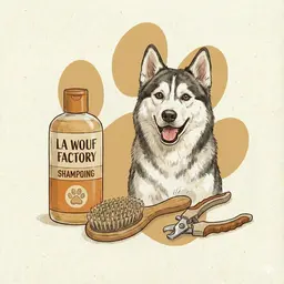 Chien posant avec une gamme de produits hygiène