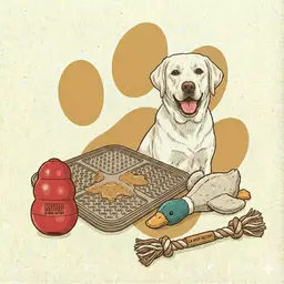 Chien posant avec une gamme de produits jouets